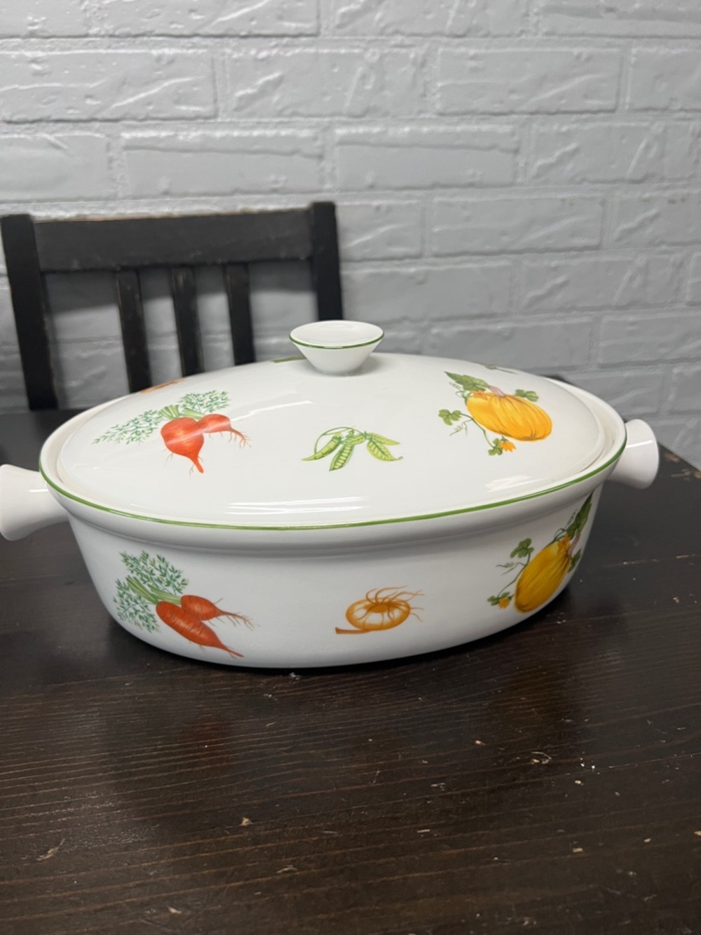 Andrea By Sadek White Covered Casserole with Orange and Green Vegetable Motif
